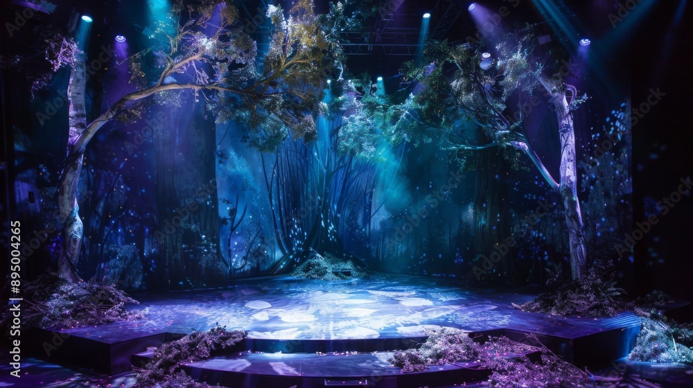 Poster a stage set with blue and purple lights, featuring trees and branches, simulating a magical forest.