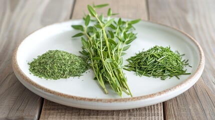 A white plate with three different herbs on it