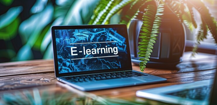 Laptop displaying E-learning text on screen with green plants in background. Online education, remote learning, digital courses, virtual classrooms, educational technology concept.