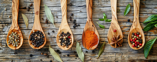 A variety of spices and cooking ingredients on wooden spoons, meticulously arranged on a rustic cooking table, showcasing their beauty.