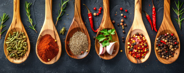 Top view of various spices and ingredients on wooden spoons, elegantly displayed on a cooking table, highlighting their culinary appeal.