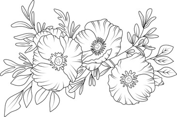 Poppy flower arrangement line art on white background. Silhouette botanical hand drawn element for wedding, invitation frame design, vector illustration