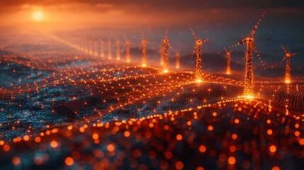 Fototapeta premium Glowing Digital Wind Turbine Landscape Generating Golden Energy Flow for Crypto Mining