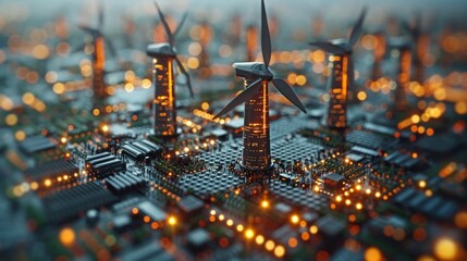 Futuristic Digital Wind Turbine Crypto Mining Energy Flow in Glittering Cityscape