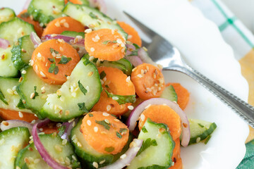 Homemade carrot and cucumber salad with sesame seeds, red onion, and parsley in a plate. Close-up. Selective focus. Eating healthy, raw, organic food concept.