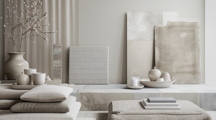 Artistic setup with fabric, paint swatches, panels, and tiles. Chic designer moodboard. Beige and gray tones. Blank space. Mockup.