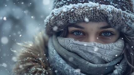 Woman in Winter Clothing: A woman bundled in cozy winter clothing, with snowflakes gently falling around her.
