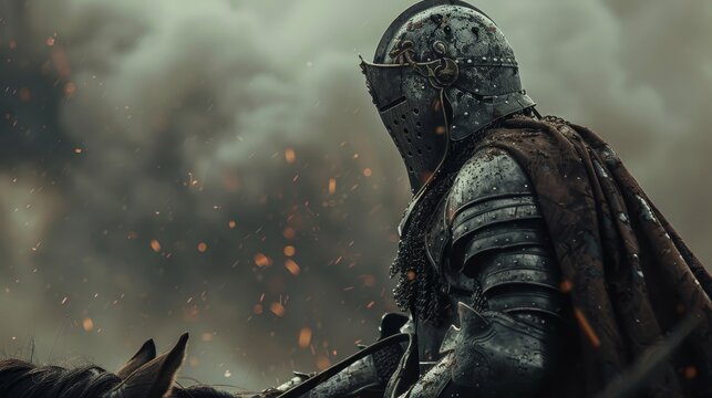 A warrior knight in armor, mounted on a horse, amidst a dramatic backdrop of smoke and embers, capturing a moment of bravery.