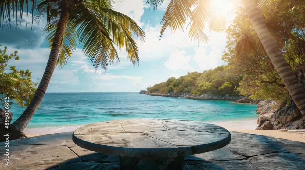 Poster A stone table sits on a sandy beach with a view of a tropical ocean and palm trees. Sunlight shines through the trees and illuminates the scene.