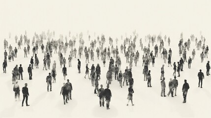 Naklejka premium black and white illustration of a sparse crowd of tiny business people standing or walking in various poses. no background. full shot. wide angle.