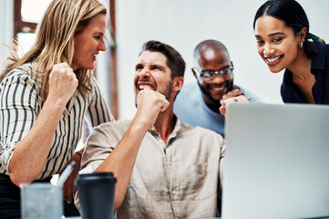 Business people, laptop or winner fist for success, achievement or celebration in project management. Smile, diversity or company with technology for teamwork goals, progress or office collaboration