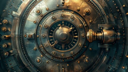 Fototapeta premium Intricate design of a metallic vault door showcasing a blend of vintage and industrial elements.