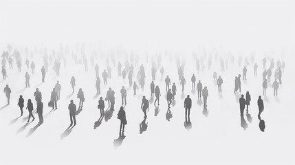 Naklejka premium black and white illustration of a sparse crowd of tiny business people standing or walking in various poses. no background. full shot. wide angle.