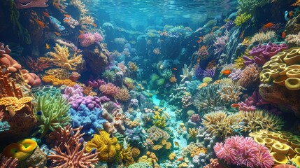 Naklejka premium Vibrant underwater coral reef showcasing a diverse array of colorful corals and marine life in a crystal-clear ocean environment.
