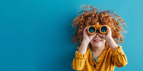 Curious girl with curly hair looking through binoculars against a blue background, symbolizing exploration and adventure on blue background