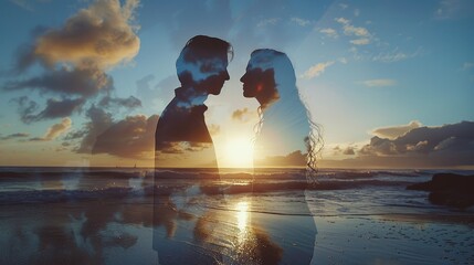 A double exposure of two silhouettes, one male and the other female, standing hand in hand on an ocean beach at sunset with clouds in the sky