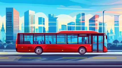 Illustration of a red bus on a city asphalt road or street, buildings in the background. Public transportation vehicle in urban town traffic, tourist transit ride