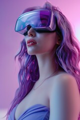 Naklejka premium Portrait of young beautiful caucasian purple grey hair woman using 3D viewer - technology, futuristic, gaming concept.