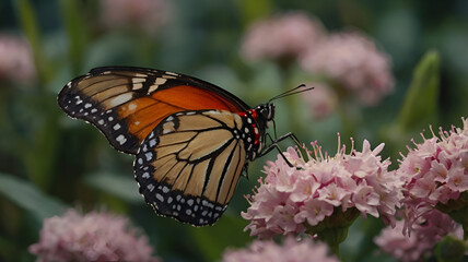 Fototapeta premium monarch butterfly on flower, butterfly sits on the purple flower of the butterfly bush against a softly color background. 300dpi