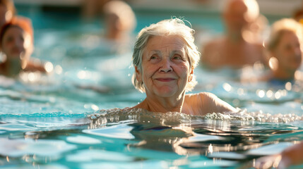 Obraz premium Elderly woman swimming in pool surrounded by people, smiling and enjoying water activities. Senior fitness, water aerobics, health and wellness, active aging, community engagement, leisure activities.
