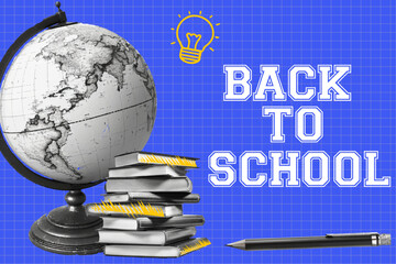 Trendy halftone collage on the theme of back to school.  Back to school design with globe, stacked books, light bulb  and pen on blue checkered  background. Concept of learning, knowledge, school.