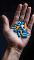 Capsule pills in hand palm Medicine Drug Treatment Prescription Addiction Cure Healthcare Concept black background