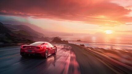 Luxury sports car driving on a coastal road at sunset, with sea views and dramatic skies.