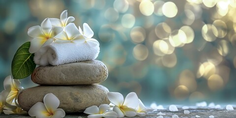 A peaceful spa setting with floral-decorated stones, a folded towel, and soft background lighting enhancing relaxation.