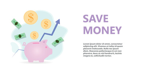 Mange and save money, cover poster, banner template, falling cash, coins and piggy bank, notes or bills, business investment management, copy space for text