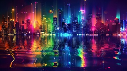 Obraz premium Colorful neon city skyline reflecting on the water at night, creating a vibrant and futuristic urban landscape.