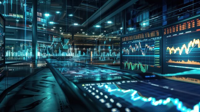 high-tech financial training simulator with interactive modules for learning about stock trading and investment banking