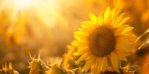 Obraz premium A detailed view of a sunflower in full bloom, illuminated by bright sunlight with a bokeh background of yellow hues.