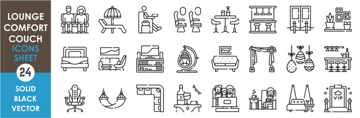A set of line icons related to lounge, comfort, and couch. Living room, pub, bar, sofa, armchair, bed, drinks, decorated, luxurious, airplane seat, beach, VIP, family and so on. Vector outline icons.