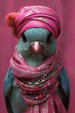photo portrait d'un pigeon habill&eacute; avec un turban, foulard, &eacute;charpe, voile, tissu, bijoux, perles, rose, voyance, cartomancie, tarot, diseuse de bonne aventure, fortuneteller