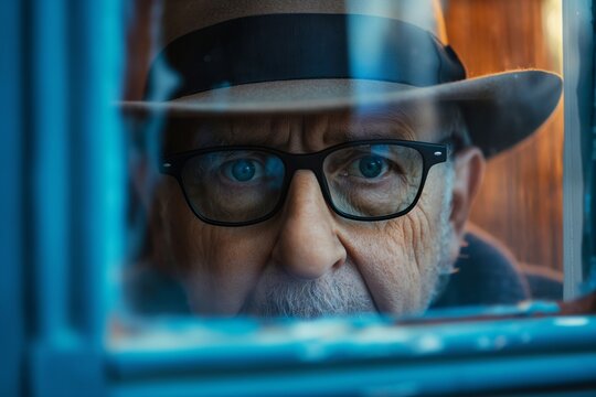 A concerned neighbor with a hat peeking through a window, suggesting they are snooping around