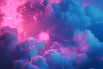 Fototapeta premium Fluffy cotton-candy clouds cast in vibrant purplish-pink and blue hues, giving a dreamy and fantastical sky display.