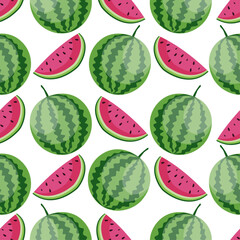 Juicy Cartoon fresh green watermelon whole and slices vector seamless pattern
