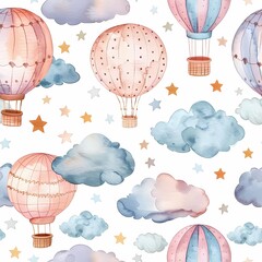 Watercolor Hot Air Balloons and Clouds Seamless Pattern