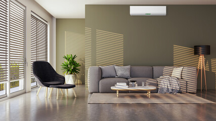 large luxury modern bright interiors living room with air conditioning mockup illustration 3D rendering