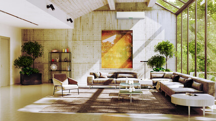 large luxury modern bright interiors living room with air conditioning mockup illustration 3D rendering