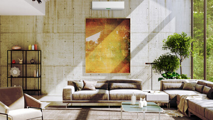 large luxury modern bright interiors living room with air conditioning mockup illustration 3D rendering