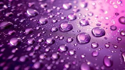 Detailed patterns and reflections are highlighted in this macro photo of water droplets on a vivid purple surface, making it ideal for abstract backdrops.