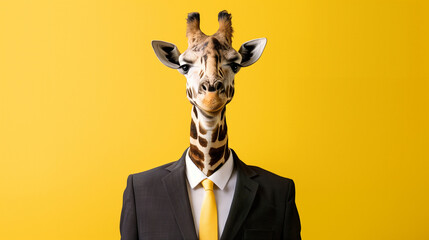 A serious giraffe in a modern business suit and yellow tie on a bright yellow background, funny concept.