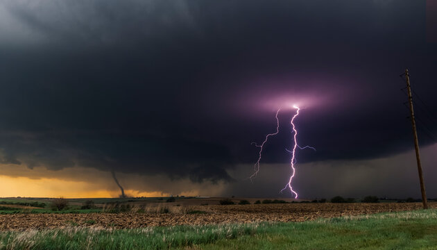 Tornado and lightning bolt at sunset near Fanam, Nebraska, USA; Nebraska, United States of America