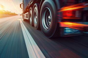 Close-up view of a speeding semi-truck on a highway at sunset with dynamic motion blur. Transportation logistics, freight delivery, cargo transport, road haulage, supply chain management concept.