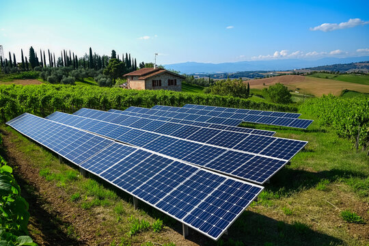 Solar power plant on agricultural land in summer.