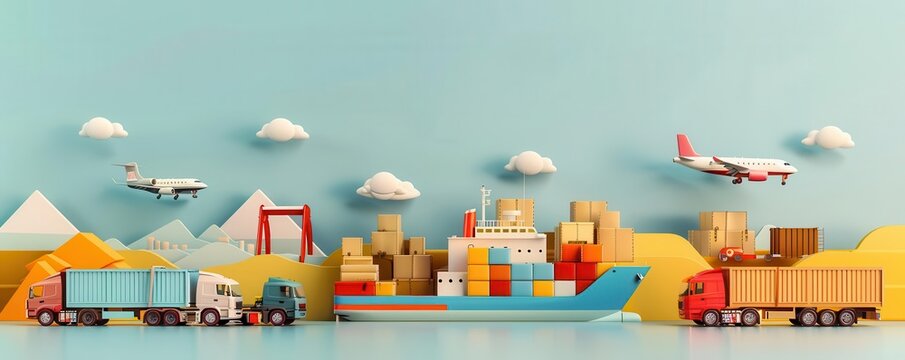 Cargo ships, planes, and trucks in a dynamic composition, showing various modes of transportation, multimodal transport, logistics diversity