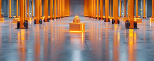 High-tech warehouse with automated robots sorting packages, representing modern logistics, automated warehouse, futuristic logistics