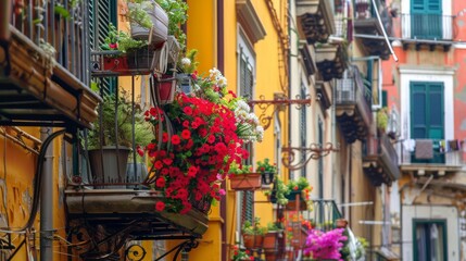 Italian balcony with flowers in the city of Naples 