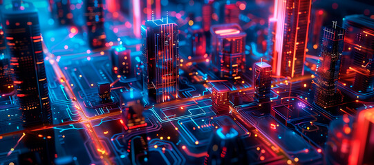 3D illustration showing smart city technology with future graphic of digital data transfer. Smart city, Internet of things, smart life, information technology